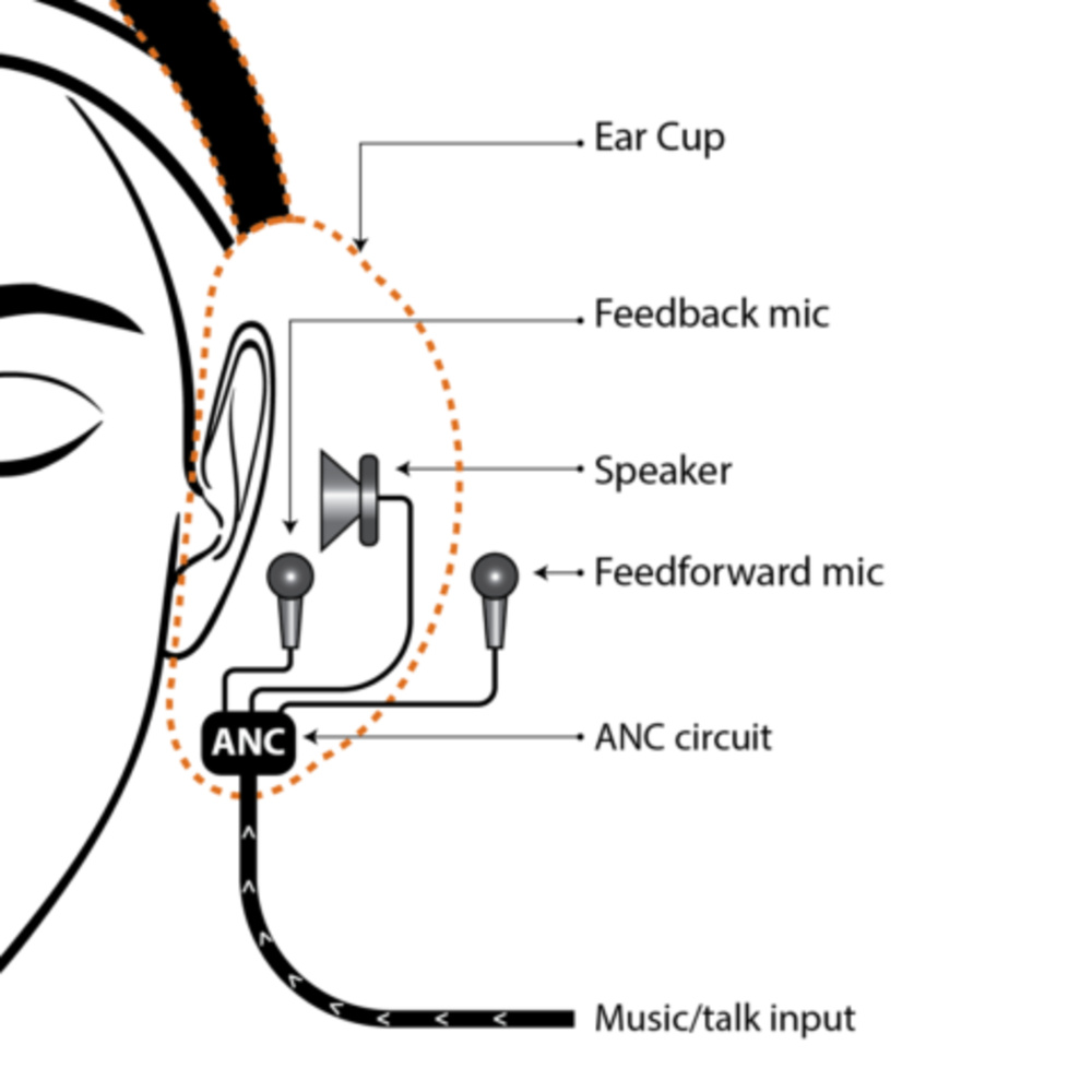 A basic diagram showcasing microphones located inside and outside the ear cup.