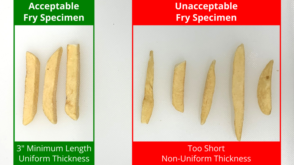 Photographs of representative frozen French fries which are acceptable and unacceptable for our air frying performance test.