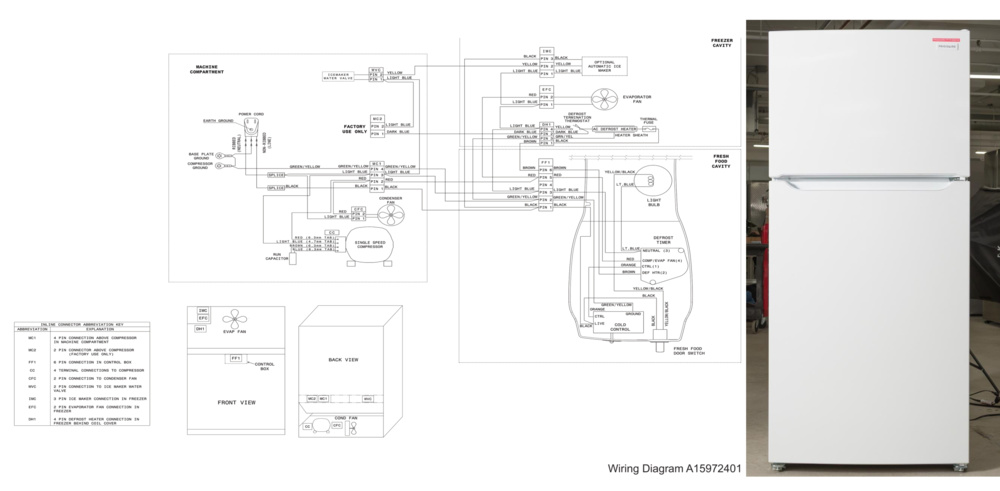 The wiring diagram of the Frigidaire FFTR1835VW, a basic top-freezer model.