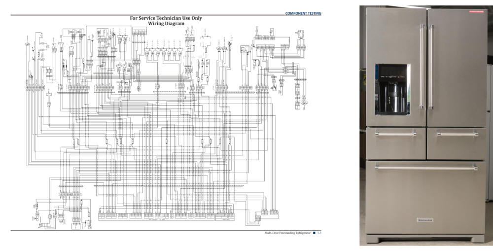 The wiring diagram of the KitchenAid KRMF706ESS, a complex, five-door model with through-door ice and water.