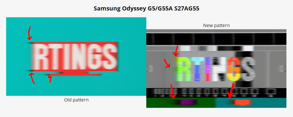Samsung Odyssey G5/G55A S27AG55's pursuit photo showing extreme dark trailing in red/cyan transition and new purple/green transition