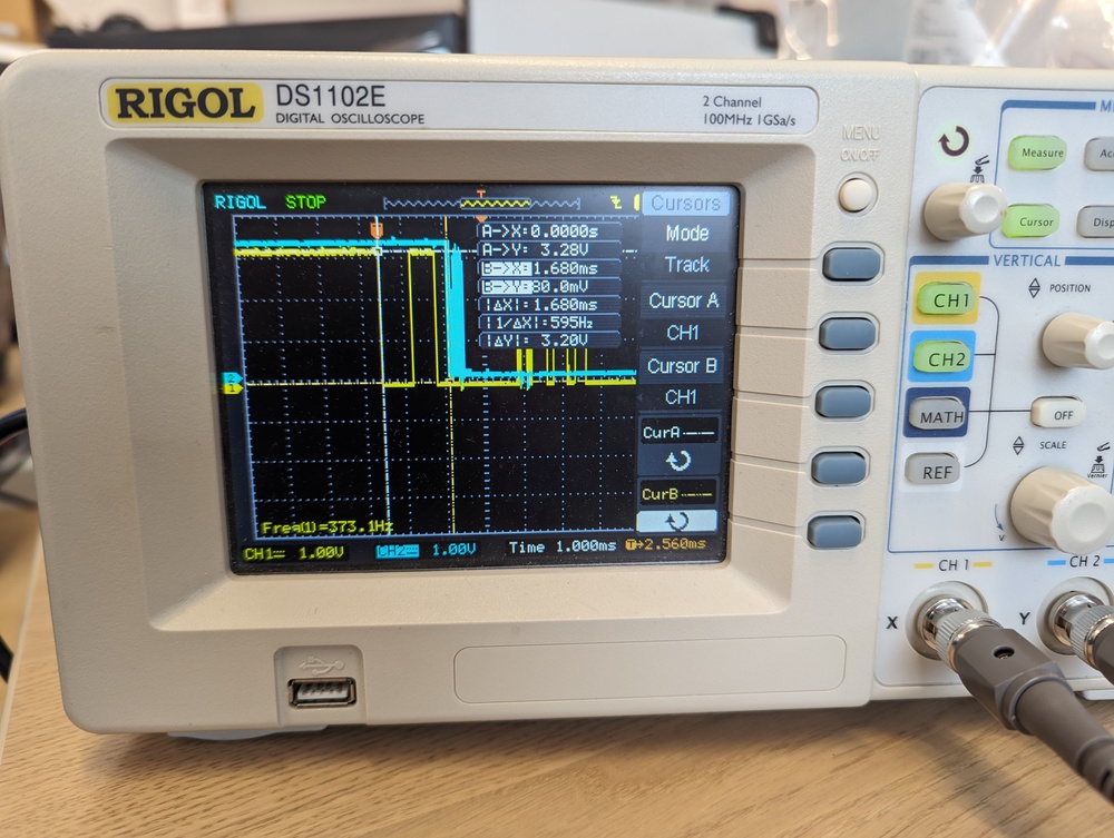 Switch press pre-travel latency, as measured by an oscilloscope. This sample was measured at 1.68 ms.