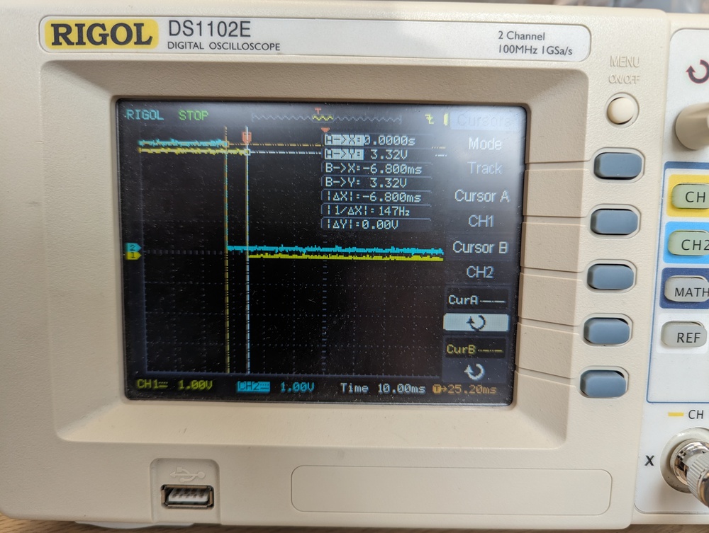 Switch release latency as measured by an oscilloscope. Sample was measured at 6.8 ms.