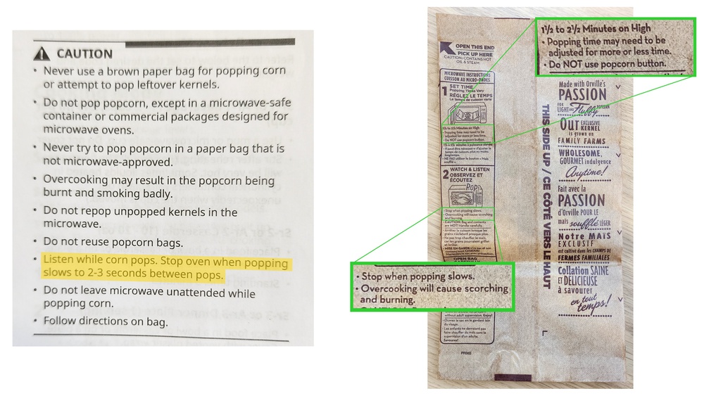 Photographs of popcorn instructions from: (left) the user manual of the LG LMC0975ST; and (right) a bag of Orville Redenbacher microwave popcorn. Both instruct a user to manually stop the microwave when popping slows.