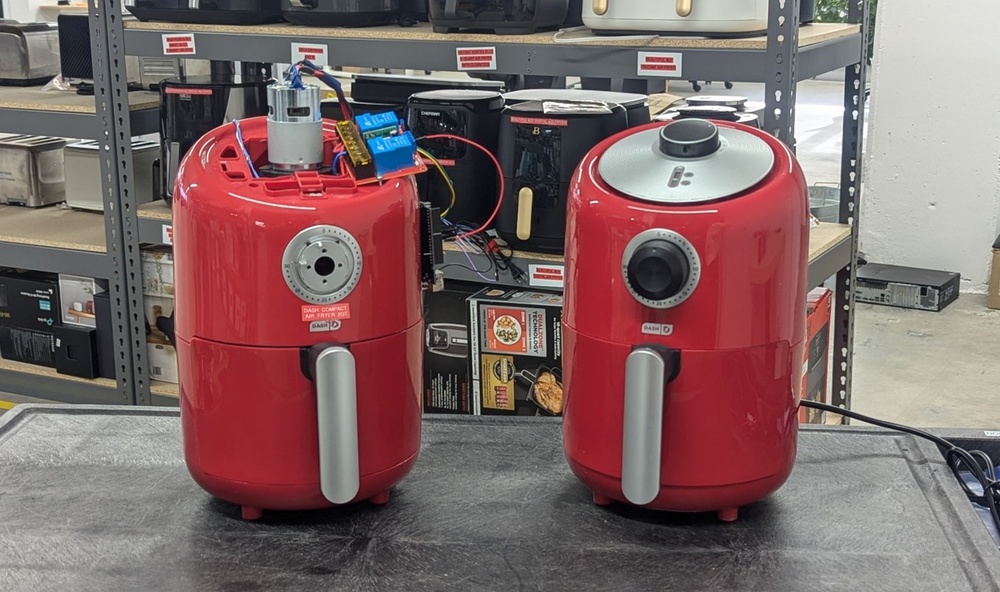 Our modified air fryer prototype (left) next to the Dash Compact (right)