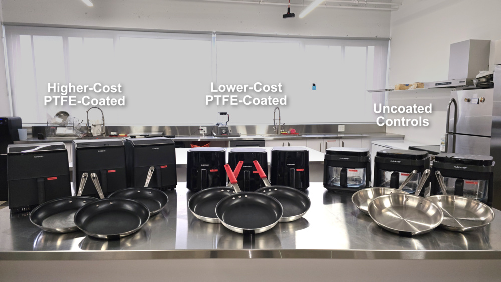 Photograph of the 18 skillets and air fryers tested in this study