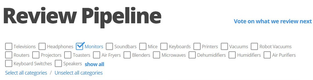 RTINGS.com's monitor product pipeline page