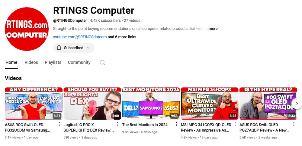 Screenshot of the RTINGS.com Computer YouTube channel