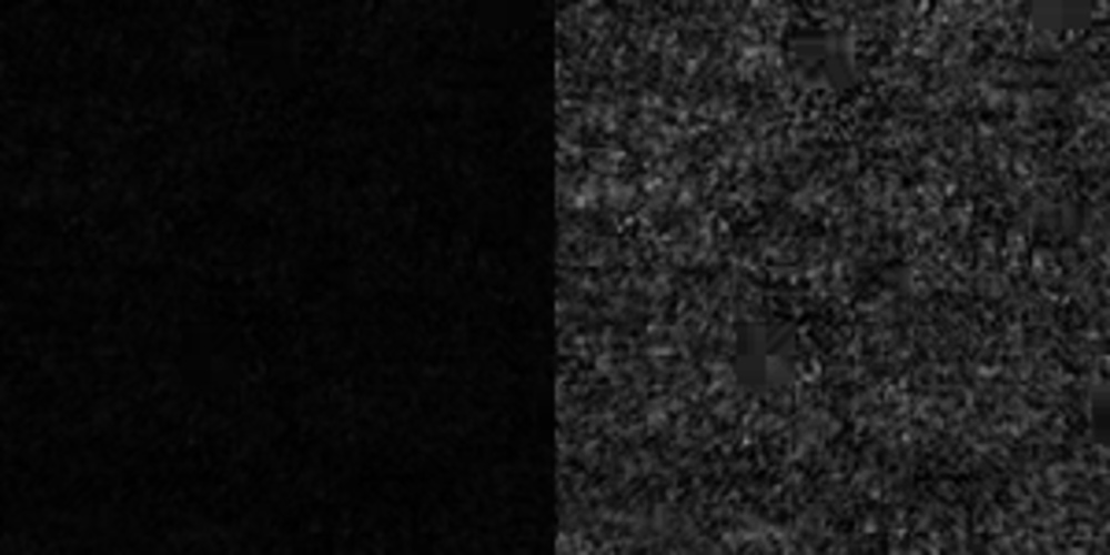 Differing pixel intensity in a uniform patch (On the left: unmodified dark patch. On the right: dark patch with increased brightness to visualize variations in pixel intensity)