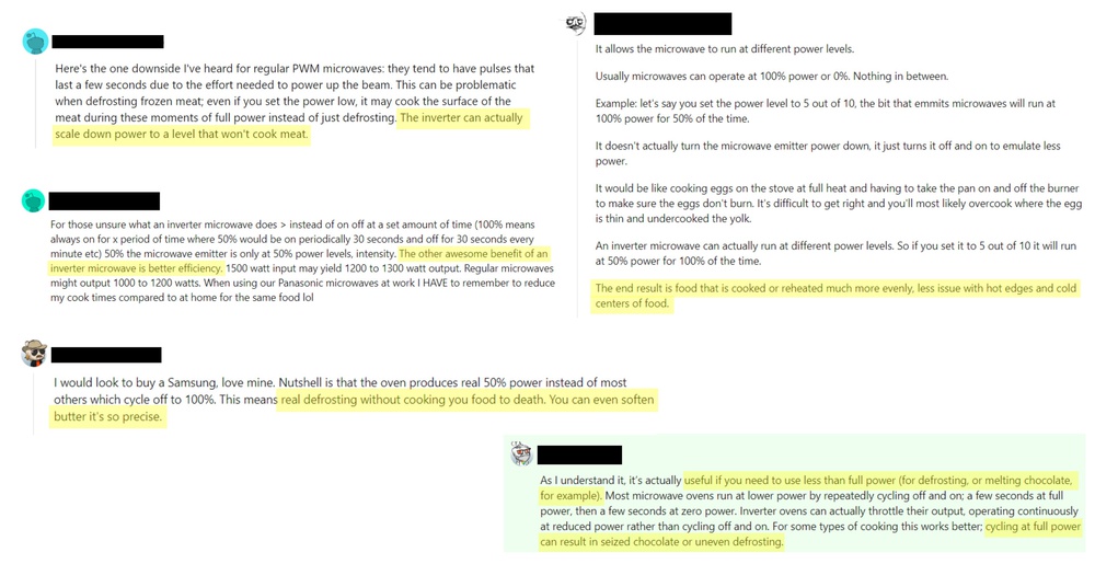 Screenshots of typical Reddit comments which promote the purported benefits of inverter microwaves over traditional PWM microwaves.