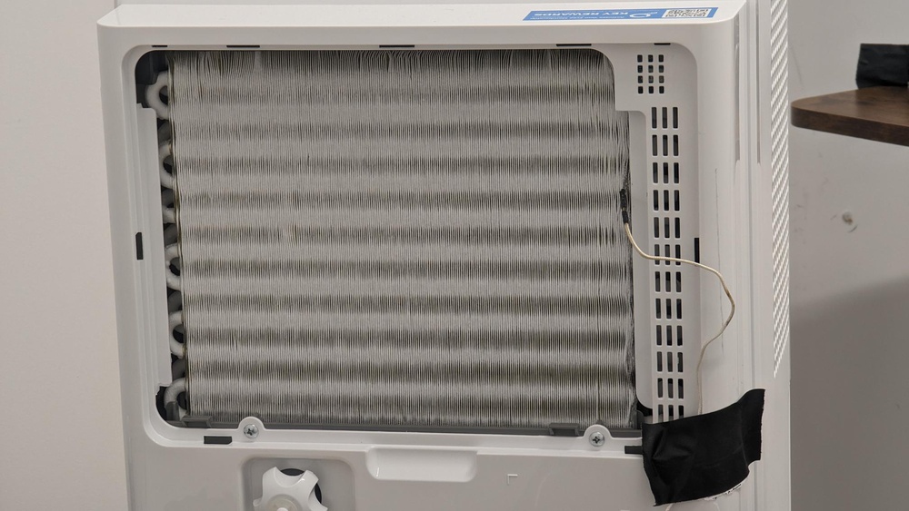 The HomeLabs dehumidifier’s coils forming frost