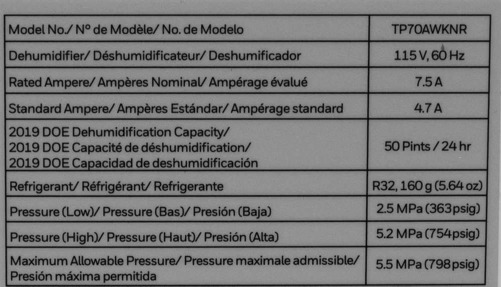 The label on the Honeywell TP70AWKNR