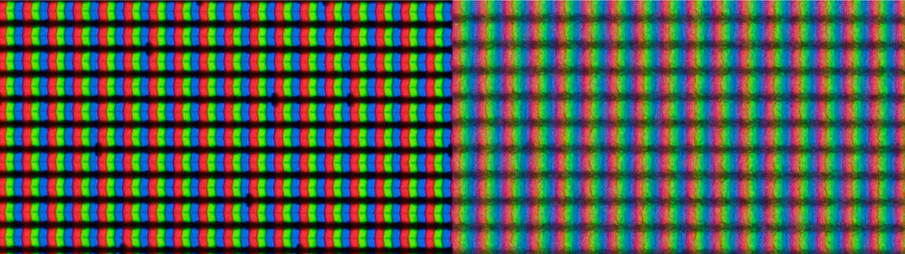 Glossy vs. nano-texture differences in sharpness, shown on a pattern.